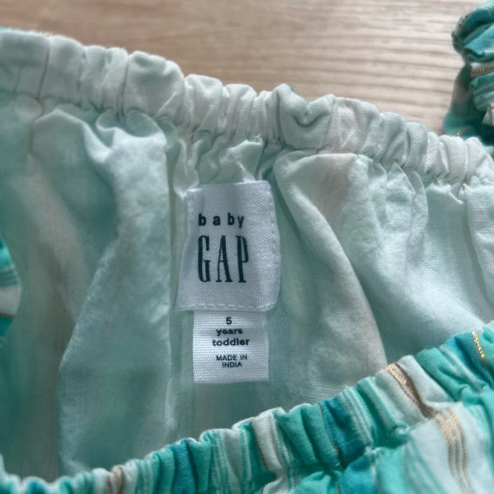 Girls Baby Gap Striped Ruffle Sleeve Tank Dress Size 5 Toddler Teal and gold